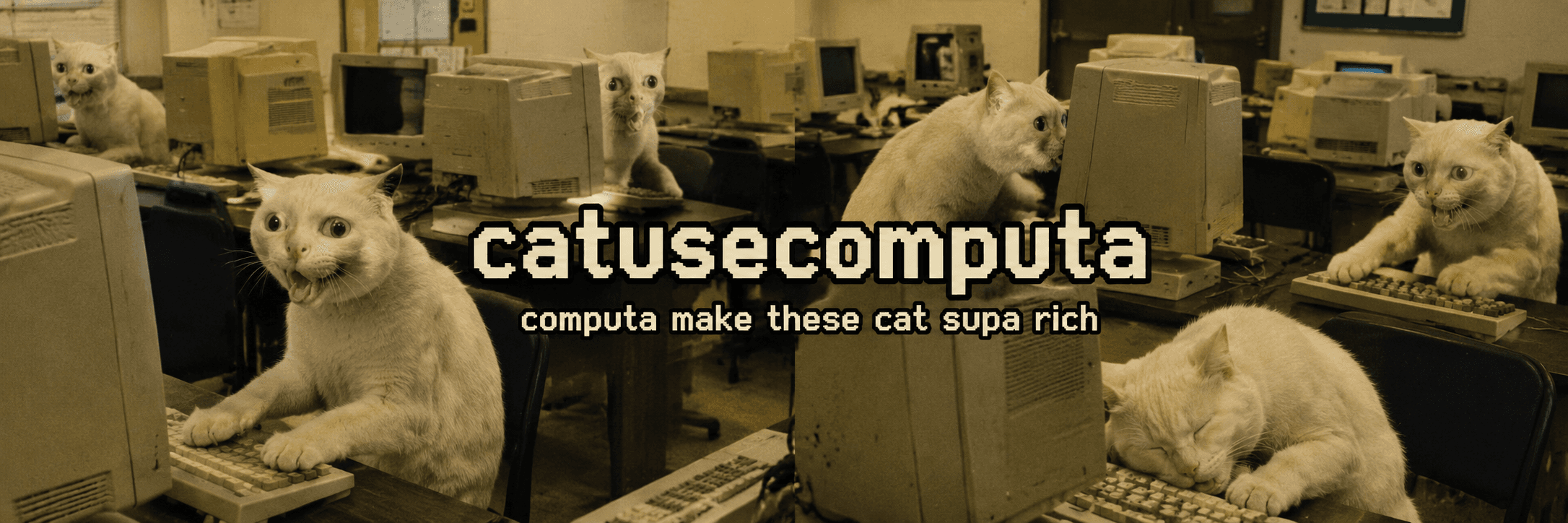 many cats sitting at old computers in a school computer lab, all using computa