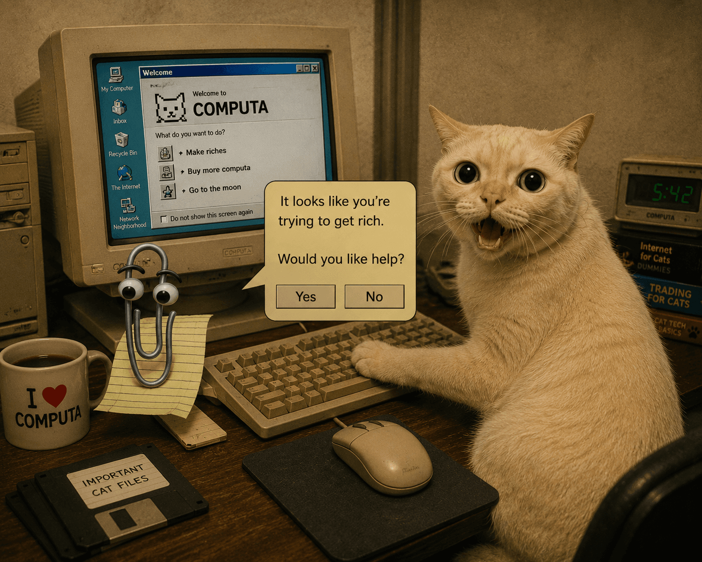 cat at a Windows-95-style welcome screen for COMPUTA, with a Clippy-style paperclip assistant offering help