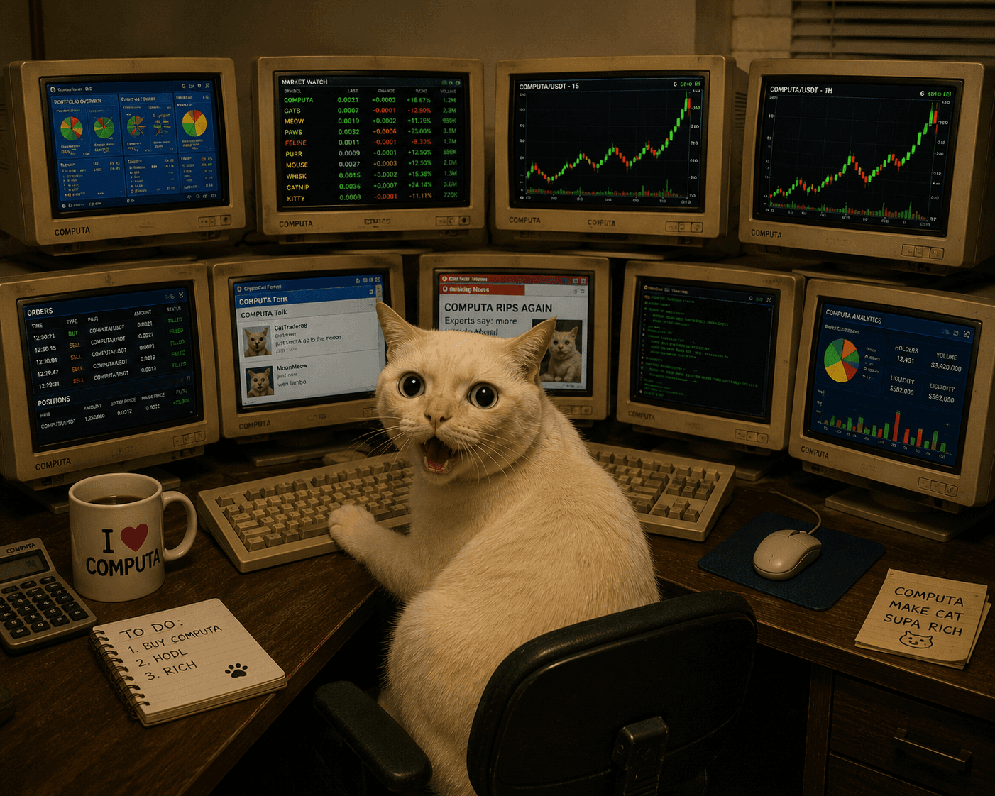 cat surrounded by nine old CRT monitors showing COMPUTA trading charts and analytics